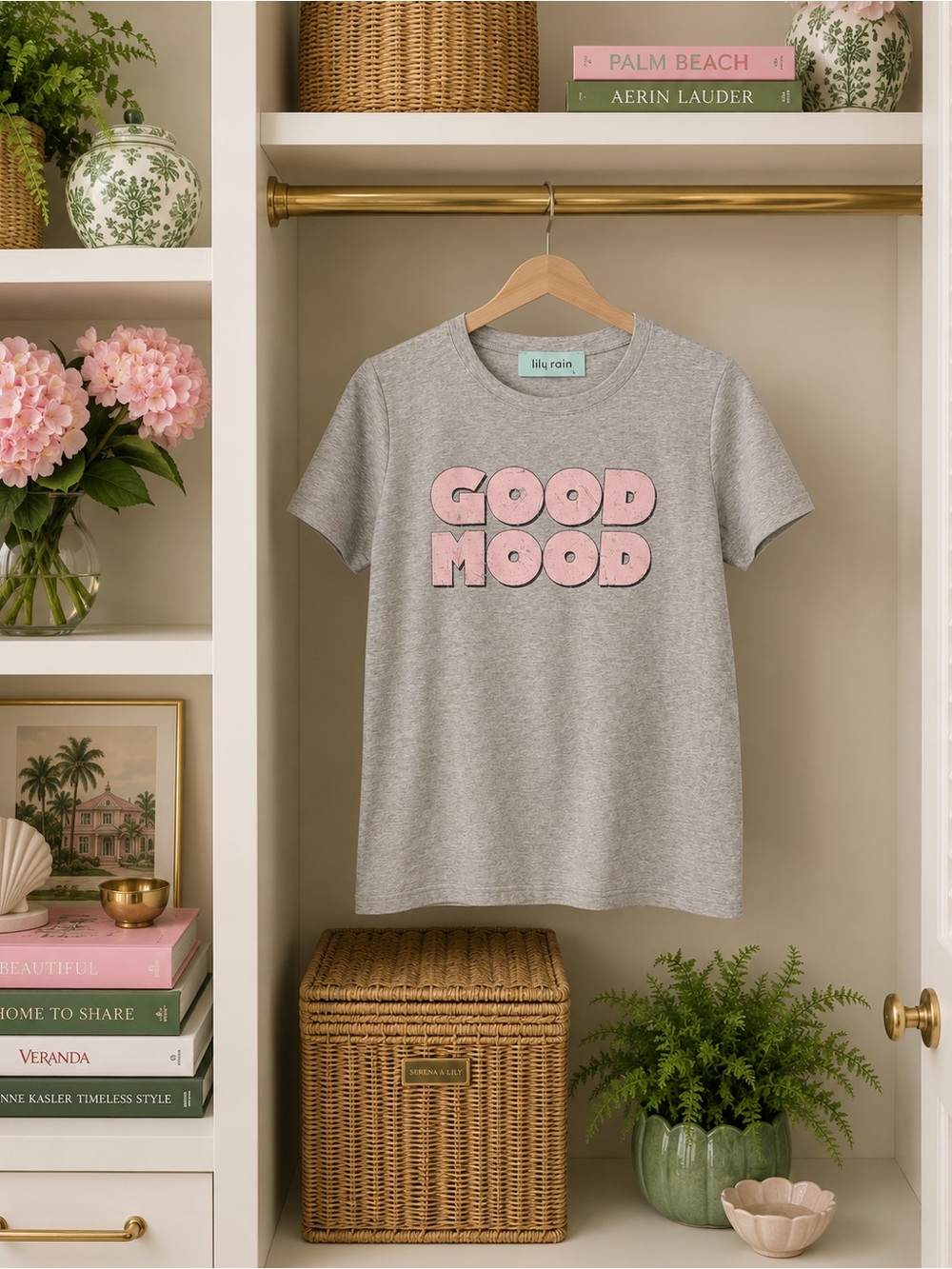 Lily Rain Good Mood Short Sleeve Tee in Heather Gray with Pink Lettering